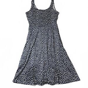 Navy Blue Sleeveless Dress White Leaf Pattern Size XL Long Belted Calf Length